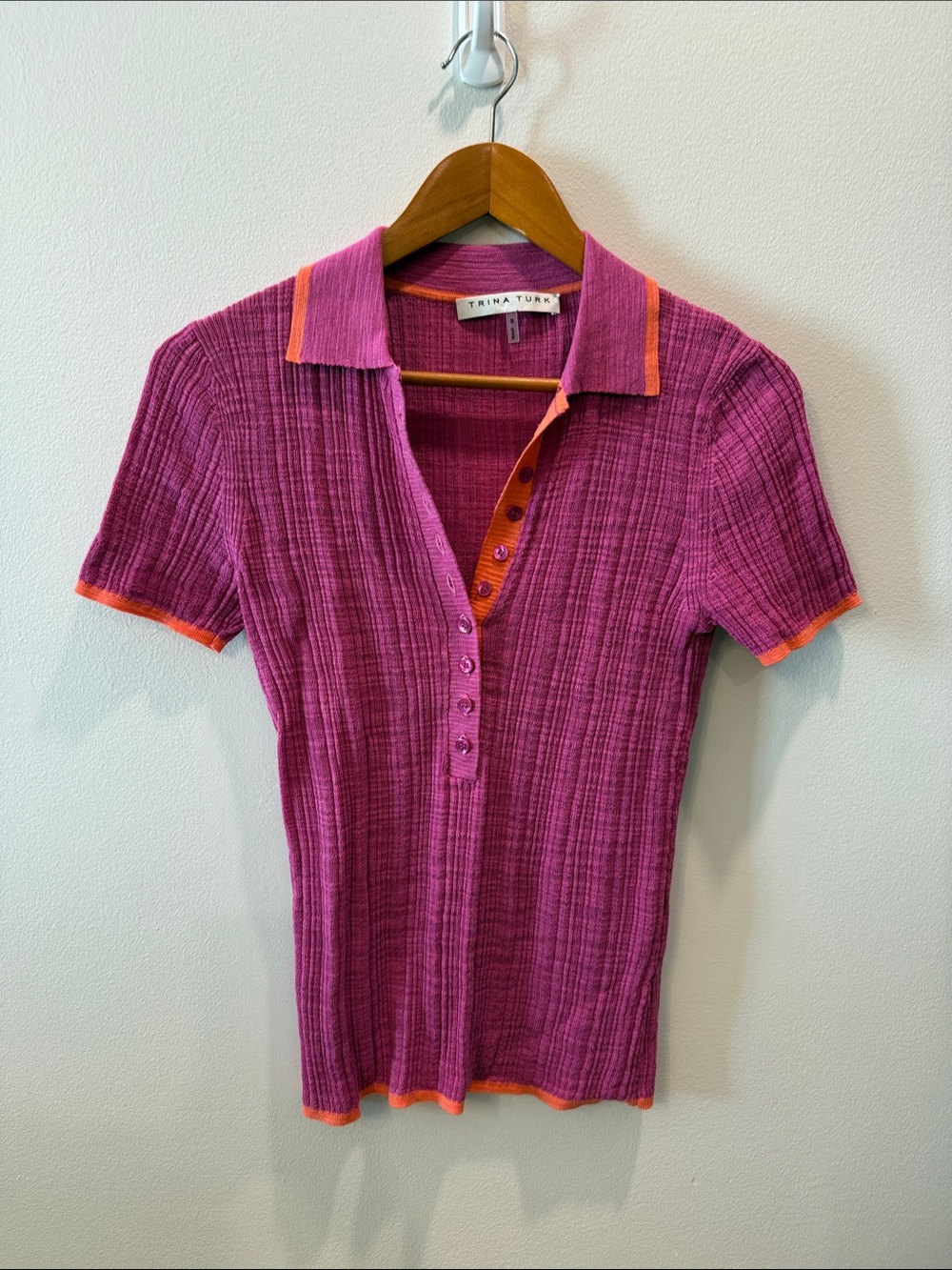 Trina Turk Pink Ribbed Knit Short-Sleeve Hot Pink Polo with Orange Trim Sz S